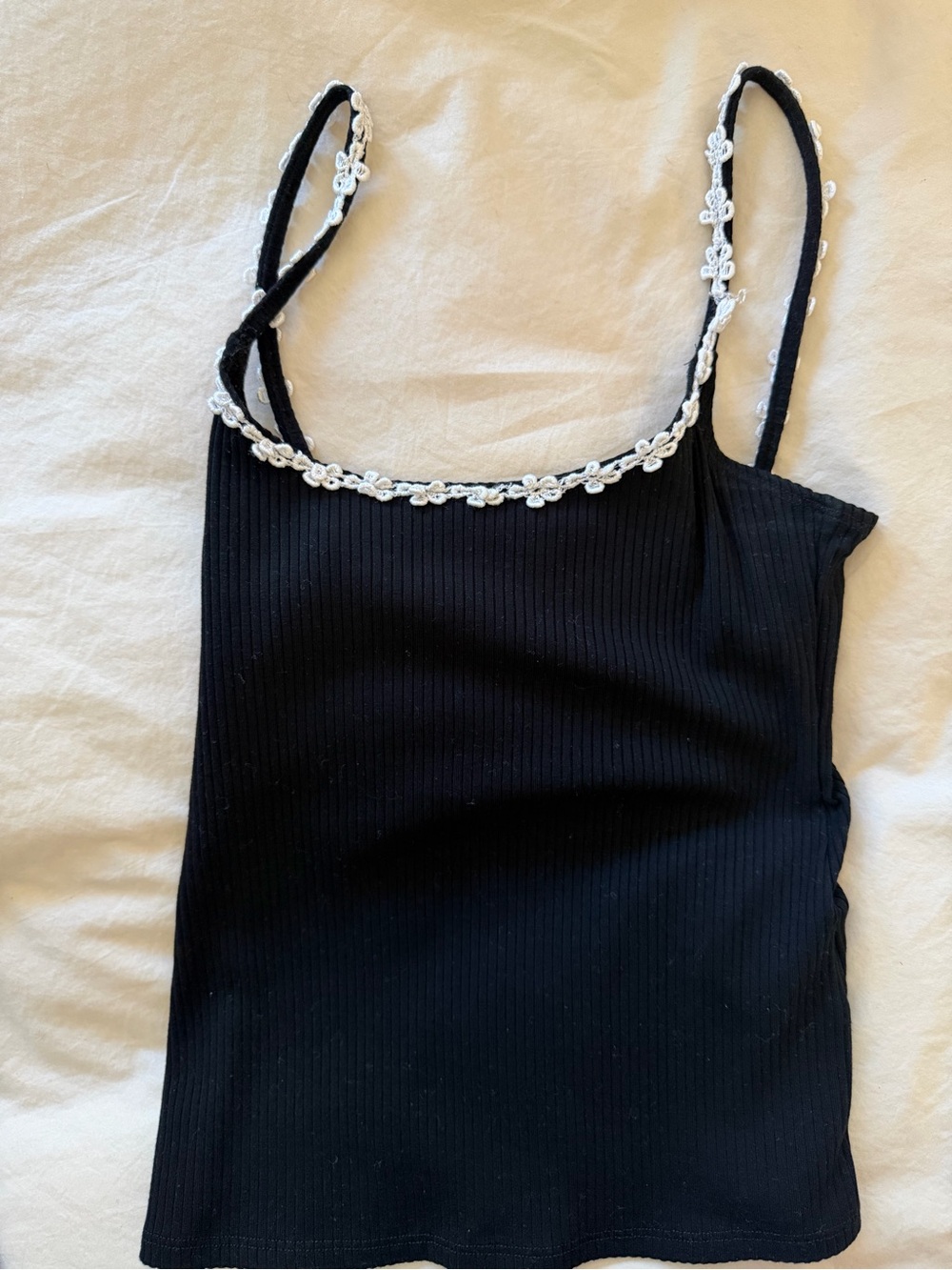 Reformation Black Ribbed Camisole with White Floral Trim